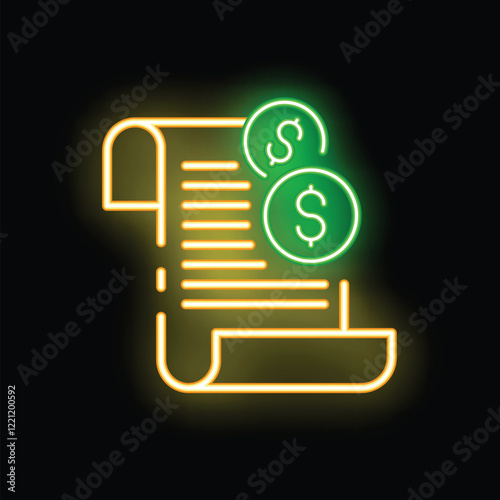 Neon glowing icon of a financial statement with dollar coins, symbolizing wealth, income, or payment