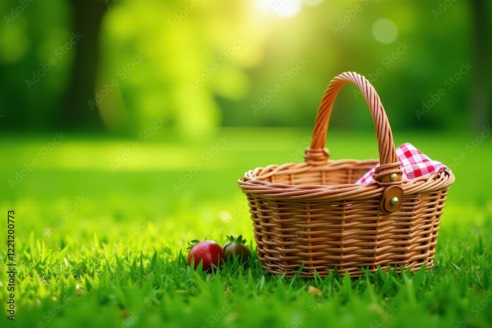 Classic red & green checkered picnic basket on lush green grass , plaid, park, fun Classic red & green checkered picnic basket on lush green grass , plaid, park, fun