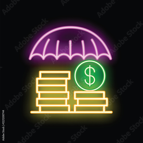 Neon sign illustrating the concept of financial security, with an umbrella shielding a stack of coins and a dollar sign