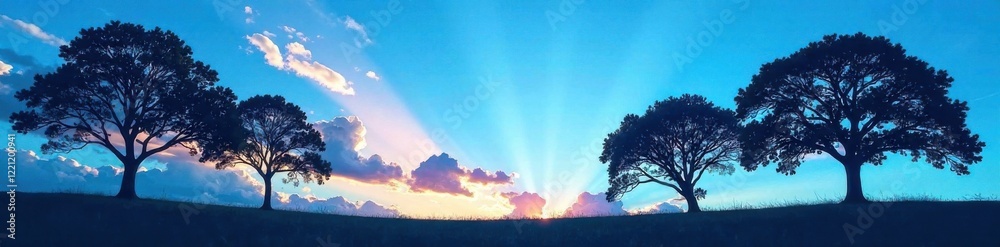 Fototapeta premium Silhouette of trees against a blue sky, forest landscape, wildlife silhouette, blue sky