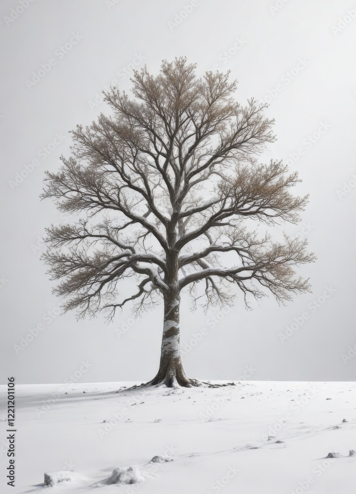 Fototapeta premium Single majestic tree standing alone on a snowy white background, solitude, snowy forest trees