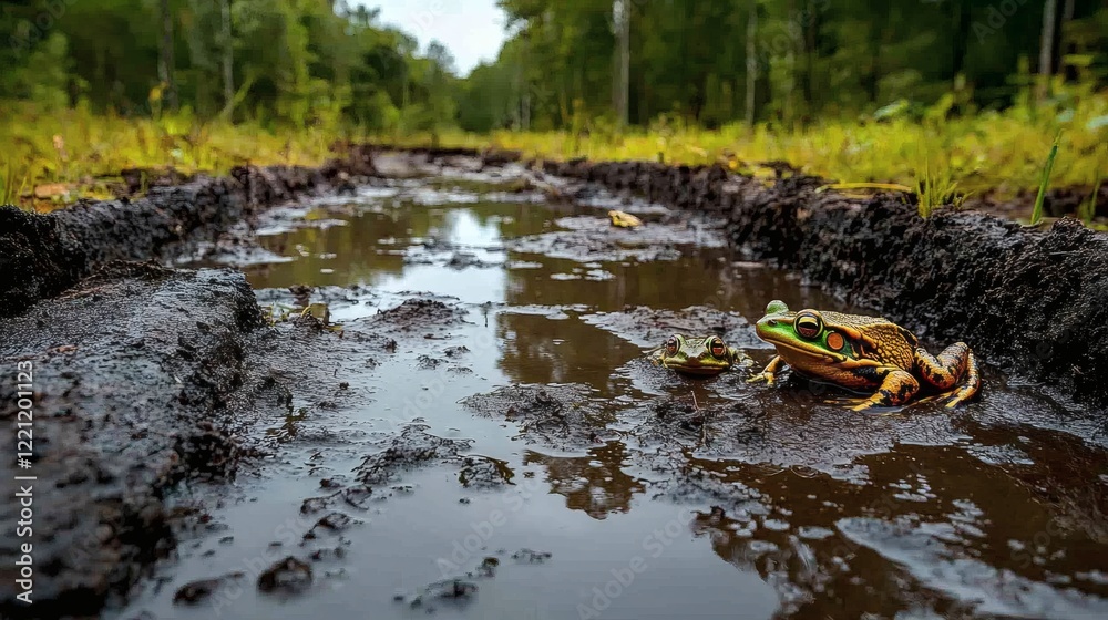 Obraz premium Frogs in a muddy puddle, a captivating wildlife moment in a tranquil forest setting. The image highlights the beauty of nature's details.