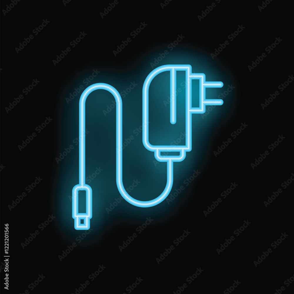 Bright blue neon sign of a phone charger glowing on a black background Bright blue neon sign of a phone charger glowing on a black background