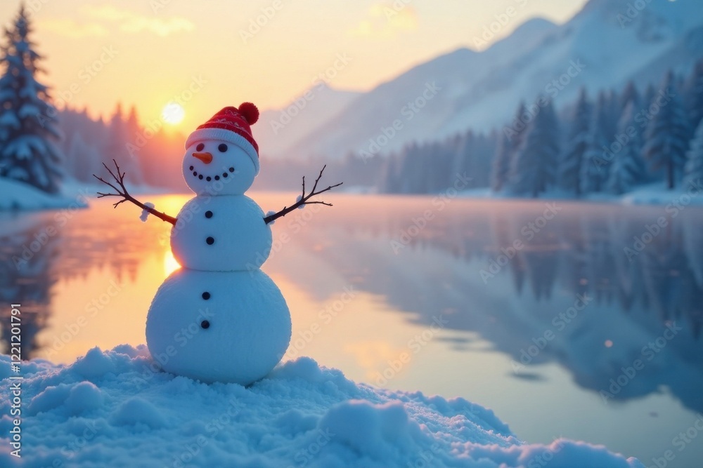 Fototapeta premium Snowman standing on the frozen lake, winter scenery, snowman, calm scene