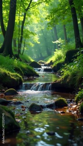 Gentle water stream flowing through forest undergrowth, woods, foliage, serene