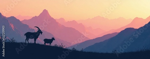 isolated goat and sheep silhouettes in mountainous terrain, countryside, goats, silhouette
