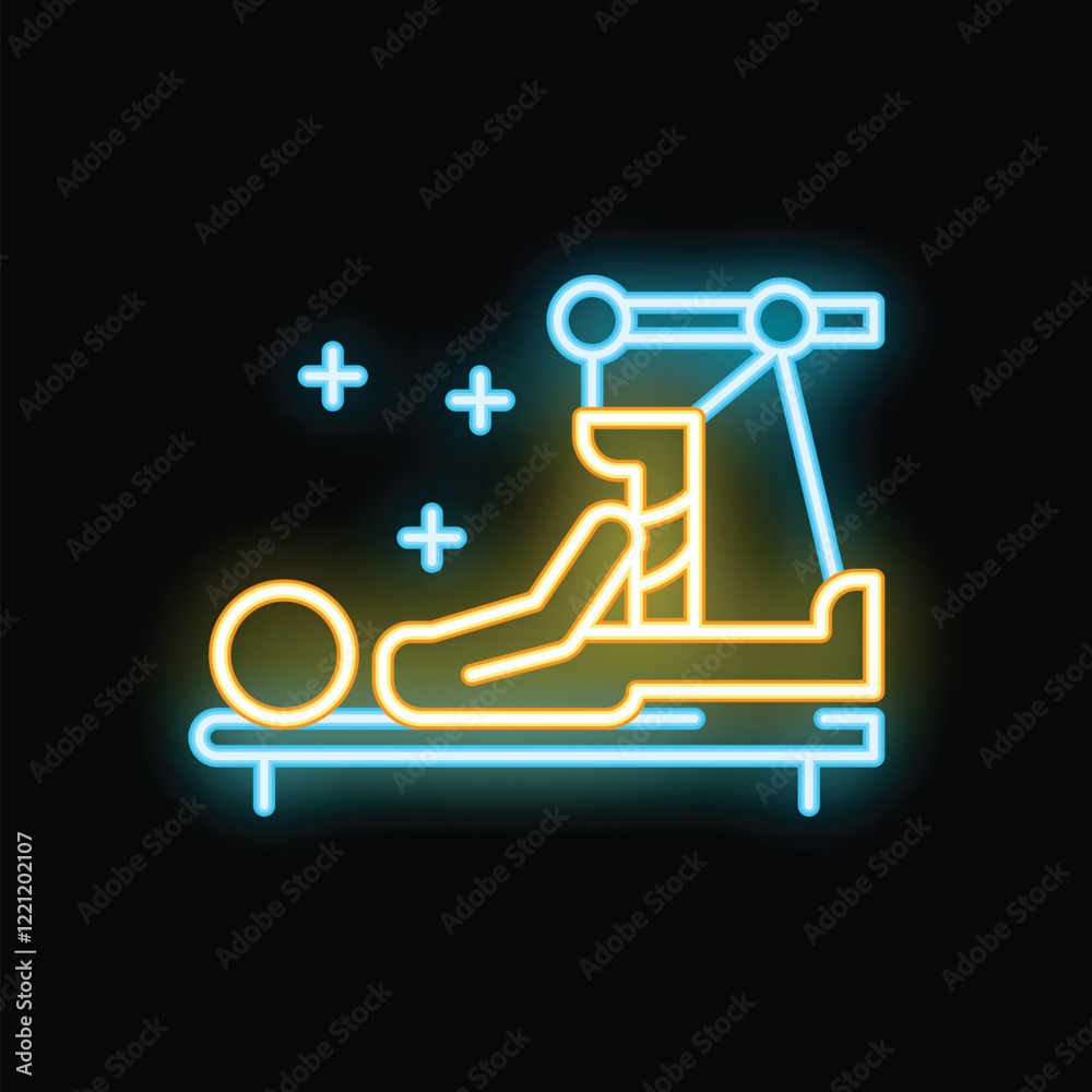 Neon glowing icon of a patient undergoing physiotherapy treatment with modern equipment Neon glowing icon of a patient undergoing physiotherapy treatment with modern equipment
