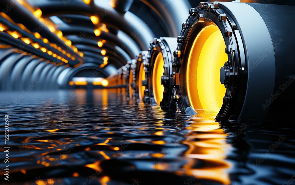 Fototapeta premium A futuristic underground tunnel with glowing circular structures, reflecting in the water below, creating a visually striking, tech-inspired environment.