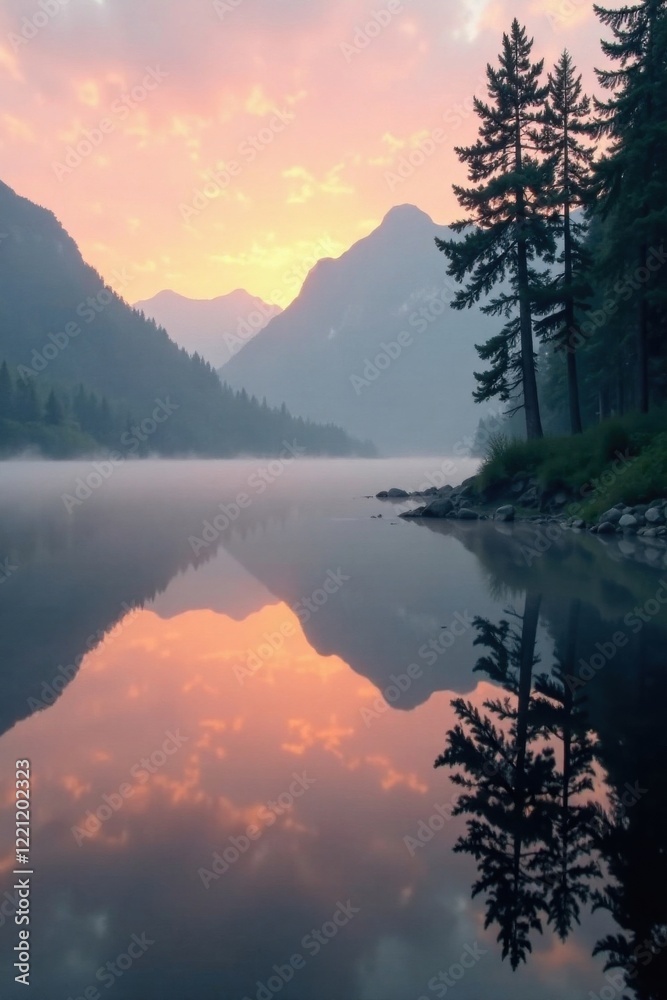 Fototapeta premium Soft focus on a misty lake at dawn, clouds, morning, water