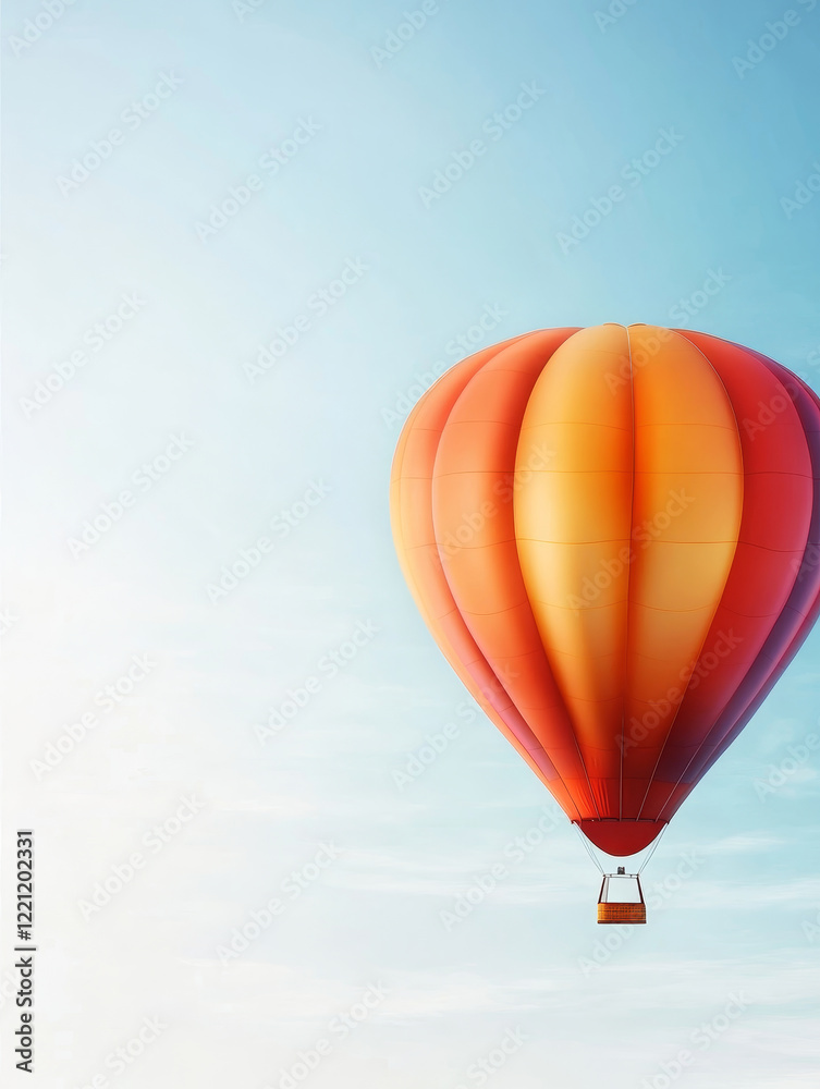 Fototapeta premium Orange Hot Air Balloon in Sky - A vibrant orange and yellow hot air balloon floats gracefully against a clear blue sky, creating a serene and uplifting image.