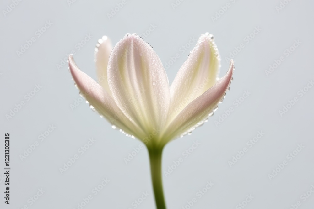 Fototapeta premium Delicate white pink flower in bloom, with drops of water adding a fresh touch, captured on a neutral white background