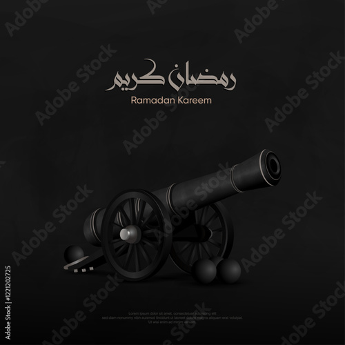 Ramadan cannon Greeting card vector in Black Style with Arabic calligraphy means: Ramadan Kareem