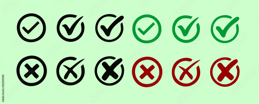 checkmark and x or confirm and deny circle icon. checkmark choice. checkmark and x or confirm and deny circle icon. checkmark choice.