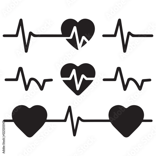 heartbeat line icon collection with a heart symbol, cardiology, medical pulse