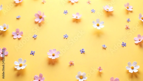 Pastel pink and yellow flowers are scattered on a yellow background.