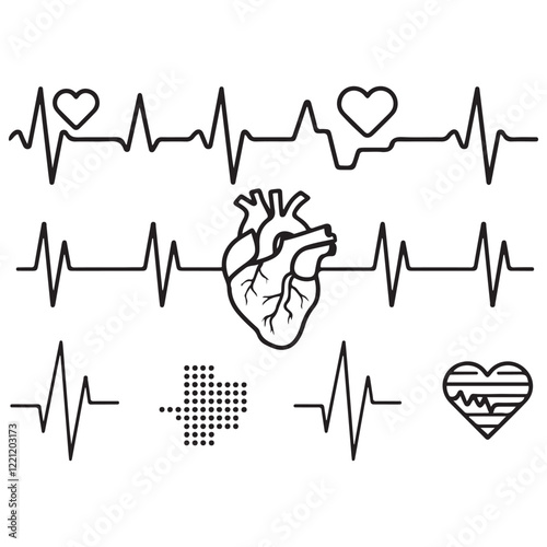 heartbeat line icon collection with a heart symbol, cardiology, medical pulse