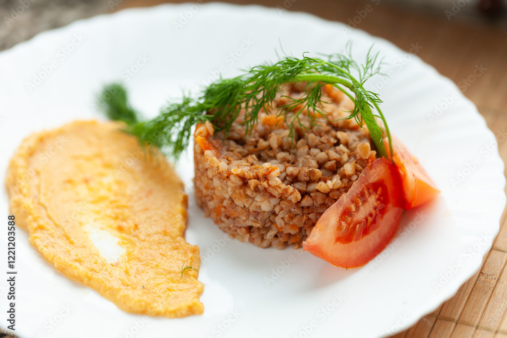 Hearty buckwheat dish with creamy puree and fresh tomato slices. Garnished with dill for a vibrant presentation. Hearty buckwheat dish with creamy puree and fresh tomato slices. Garnished with dill for a vibrant presentation.