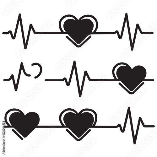 heartbeat line icon collection with a heart symbol, cardiology, medical pulse