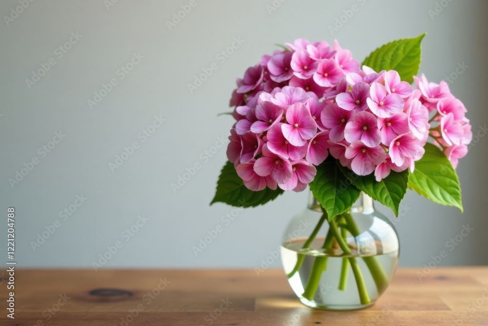 A vase filled with fresh hydrangeas is placed on a wooden table , blue, arrangement, wood A vase filled with fresh hydrangeas is placed on a wooden table , blue, arrangement, wood