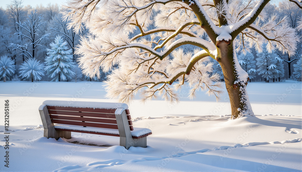 Snow-covered bench beside frosty tree in winter landscape, Wind Chill Factor theme Snow-covered bench beside frosty tree in winter landscape, Wind Chill Factor theme