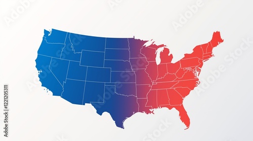 A USA map silhouette featuring a gradient transition from blue to red, highlighting state boundaries