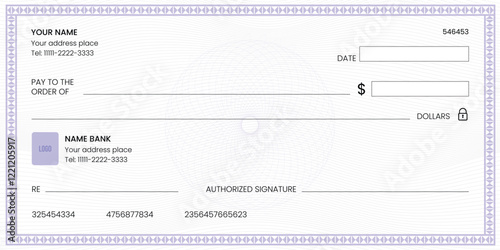 Blank bank check, checkbook cheque template or money payment paper voucher, vector mockup. Business or personal account cash pay cheque certificate or paycheck coupon from checkbook
