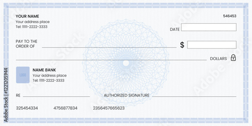 Blank bank check, checkbook cheque template or money payment paper voucher, vector mockup. Business or personal account cash pay cheque certificate or paycheck coupon from checkbook