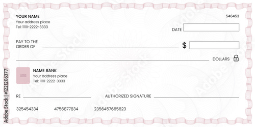 Blank bank check, checkbook cheque template or money payment paper voucher, vector mockup. Business or personal account cash pay cheque certificate or paycheck coupon from checkbook