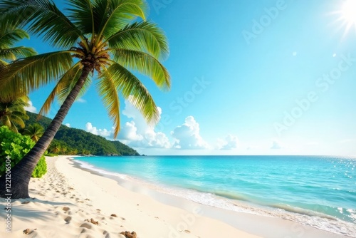 Beach scene with palm trees, outdoor, water, shore