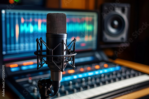 Studio microphone with a detailed audio interface and soundboard in the background