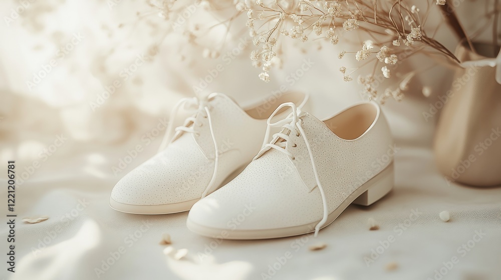 Obraz premium Showcasing Elegant White Shoes Soft Textured Surface Product Photography Cozy Atmosphere Close-Up Fashion Excellence