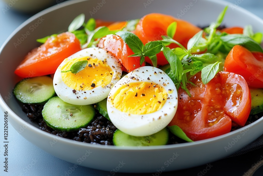 Delicious black rice salad with tuna, boiled egg, and fresh vegetables - perfect for healthy meal prep. Delicious black rice salad with tuna, boiled egg, and fresh vegetables - perfect for healthy meal prep.
