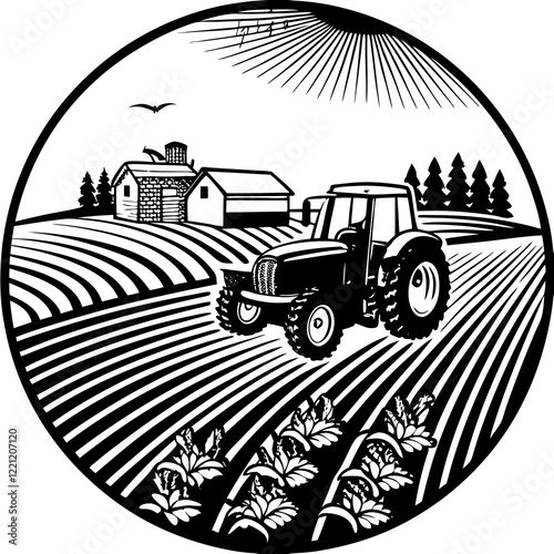 Tractor cultivating field with farmhouse and trees in background
