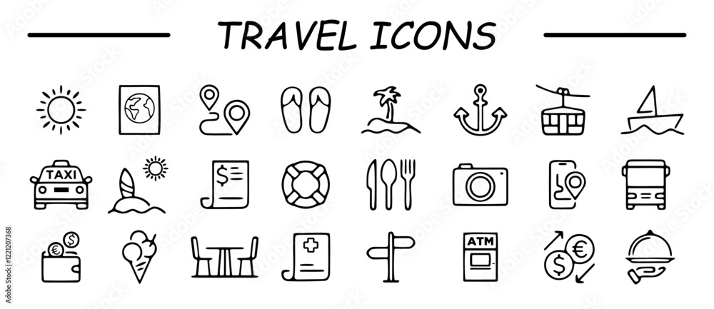 Fototapeta premium Travel and Tourism set of web icons in line style. Travel and vacation icons for web and mobile app. Airport, tickets, tour, relax, hotel, recreational rest, service. Vector illustration