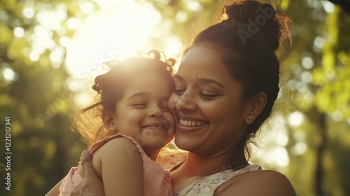 Joyful Indian Mother and Daughter Playing in Nature Lifestyle Image Warm Environment Heartwarming Concept