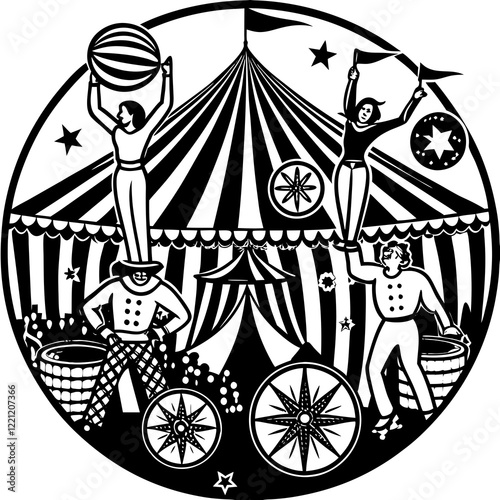 Circus performers showcasing skills in striped tent
