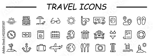 Travel and Tourism set of web icons in line style. Travel and vacation icons for web and mobile app. Airport, tickets, tour, relax, hotel, recreational rest, service. Vector illustration