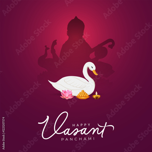 Vector illustration of Goddess Saraswati seated on a lotus with a veena, celebrating Vasant Panchami festival