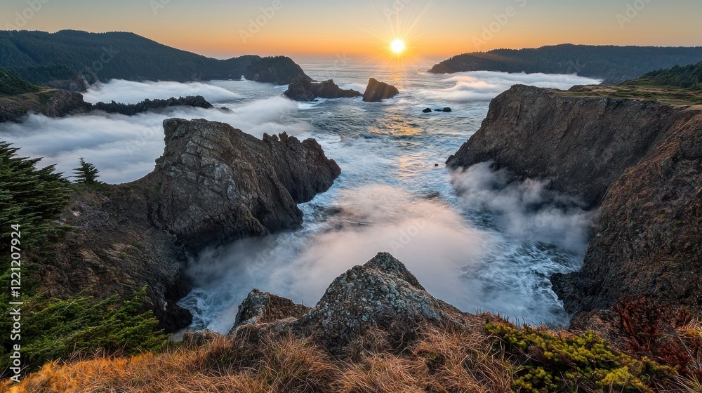 Coastal sunset, ocean fog, rocky cliffs, waves crashing, scenic vista Coastal sunset, ocean fog, rocky cliffs, waves crashing, scenic vista
