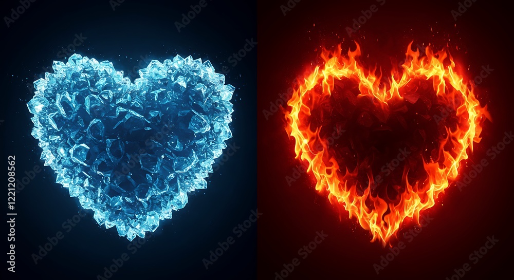 Blue Ice & Red Flame Heart Split Background Blue Ice & Red Flame Heart Split Background
