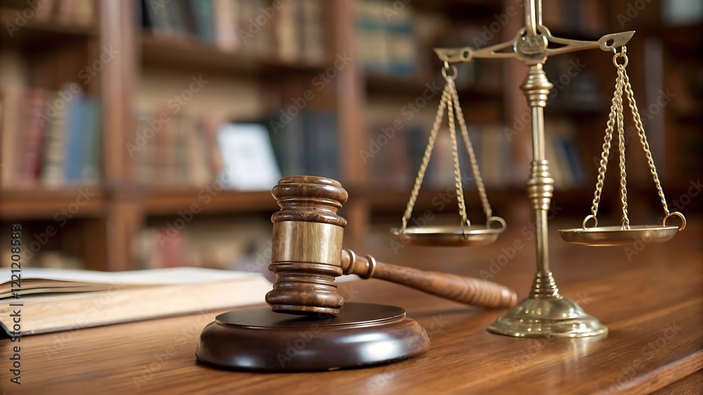 Wooden Gavel and Scales of Justice on Table Representing Legal Authority and Justice System Wooden Gavel and Scales of Justice on Table Representing Legal Authority and Justice System