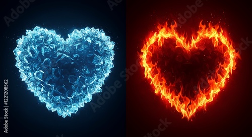 Blue Ice & Red Flame Heart Split Background photo