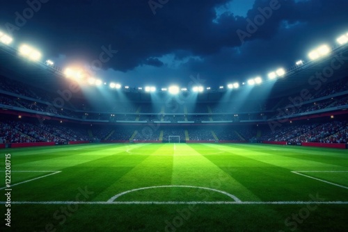 Football field illuminated by powerful stadium lights , football, illuminate