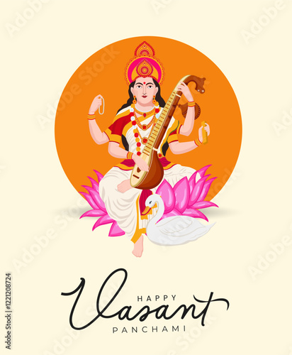 Vector illustration of Goddess Saraswati seated on a lotus with a veena, celebrating Vasant Panchami festival