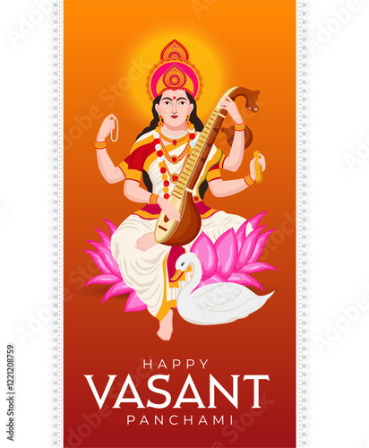 Vector illustration of Goddess Saraswati seated on a lotus with a veena, celebrating Vasant Panchami festival