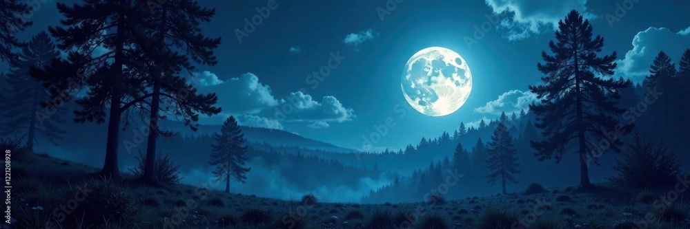 Full moon illuminated forest landscape, woods, forest