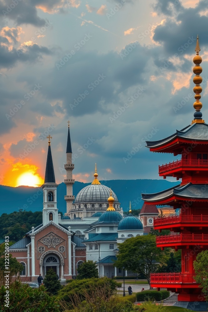 Sunset Serenity: Diverse Architectural Styles at Golden Hour Sunset Serenity: Diverse Architectural Styles at Golden Hour