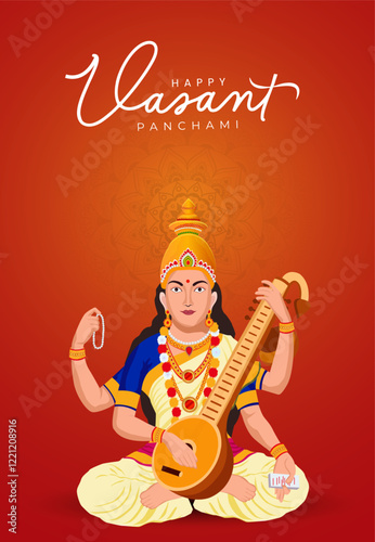 Vector illustration of Goddess Saraswati seated on a lotus with a veena, celebrating Vasant Panchami festival