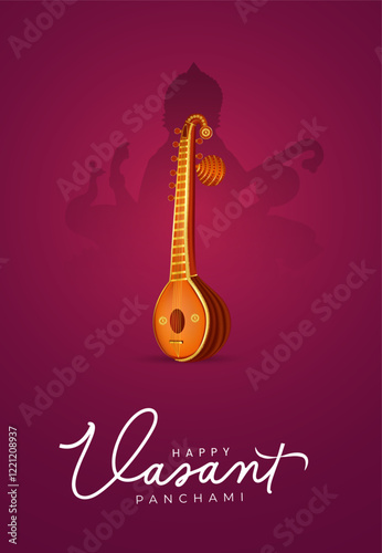 Vector illustration of Goddess Saraswati seated on a lotus with a veena, celebrating Vasant Panchami festival