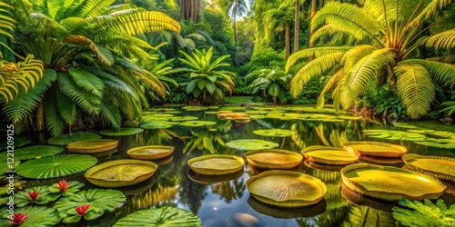 Luxuriant ferns and lily pads in a rich gold and green swampy environment, surrounded by vibrant tropical plants , nature, gold photo